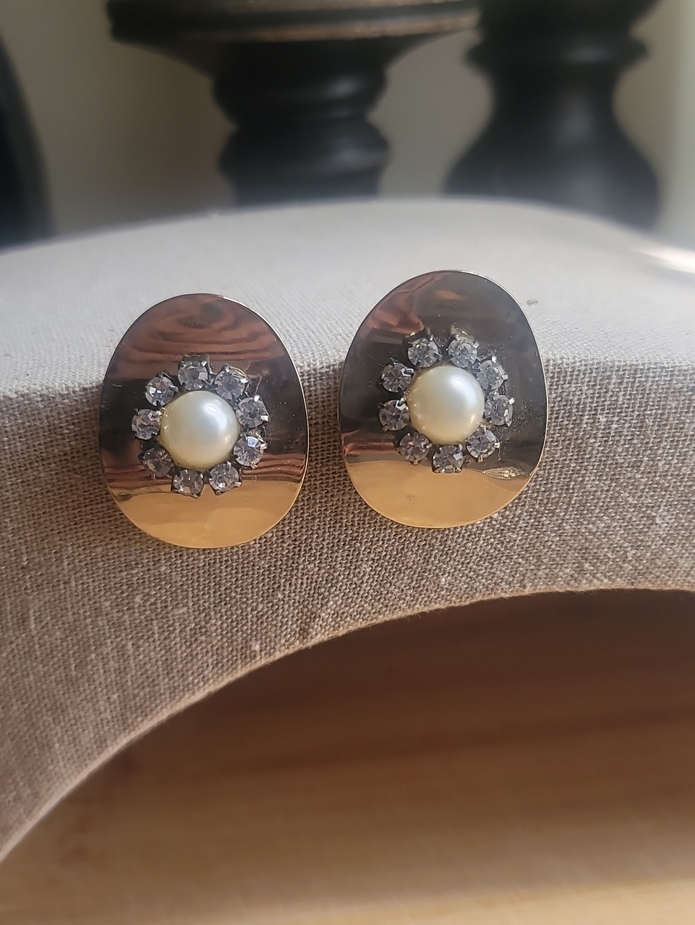 Vintage Gold Oval Pearl & Crystal Stud Earrings